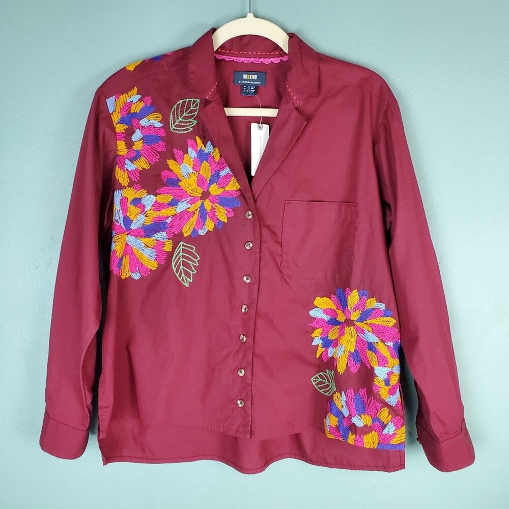 Anthropologie Maeve Wine Embroidered Button Down Long Sleeve Boho Shirt Size 4